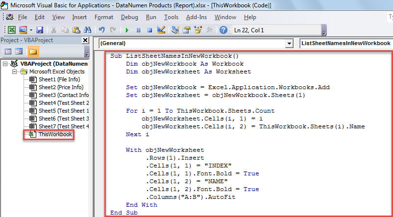 VBA Code - List Sheet Names