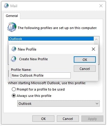创建新的Outlook配置文件
