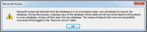 错误消息“Microsoft Access已检测到此数据库处于不一致的状态”的截图