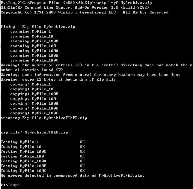 WinZip命令行修复Zip文件